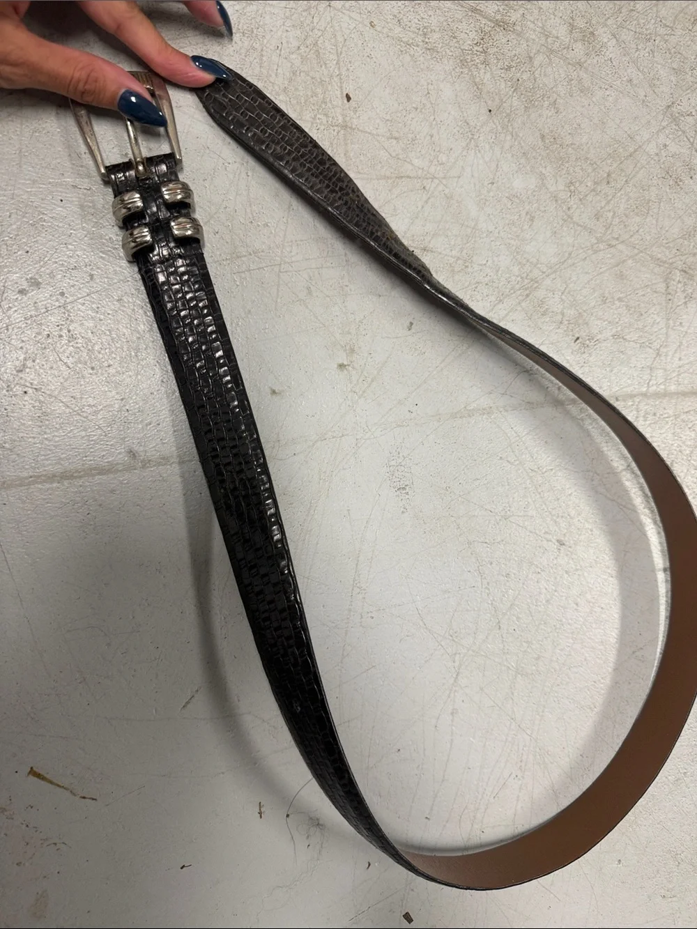 Black Croc-Embossed Leather Belt - Silver Hardware - 5 Belt Holes